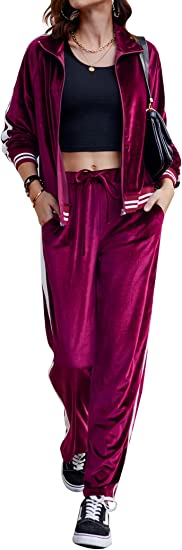 Ekouaer Women's Velvet Velor Tracksuits 2 Piece Lounge Outfits Zip Up Sweatshirt and Sweatpants with Pockets S-3XL