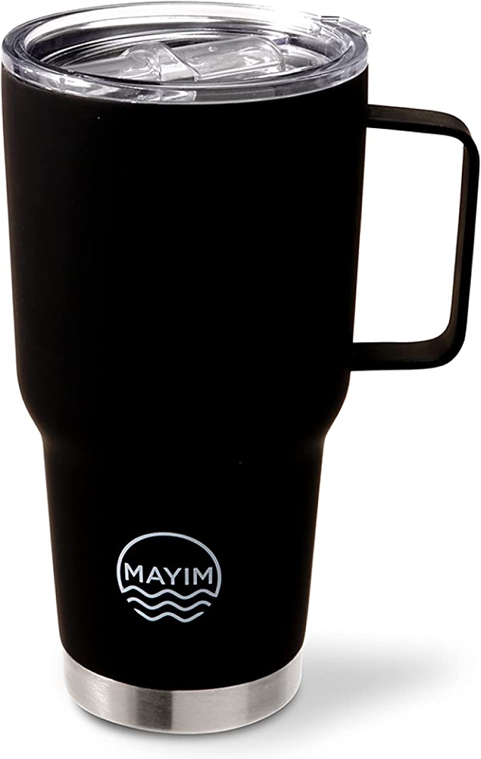 Large Travel Coffee Mug Tumbler with Clear Slide Lid & Handle, Reusable Vacuum Insulated Double Wall Stainless Steel Thermos, Fits in Cup Holder, 30 Ounce-Volume (Black)