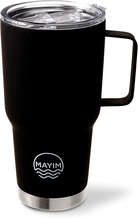 Large Travel Coffee Mug Tumbler with Clear Slide Lid & Handle, Reusable Vacuum Insulated Double Wall Stainless Steel Thermos, Fits in Cup Holder, 30 Ounce-Volume (Black)