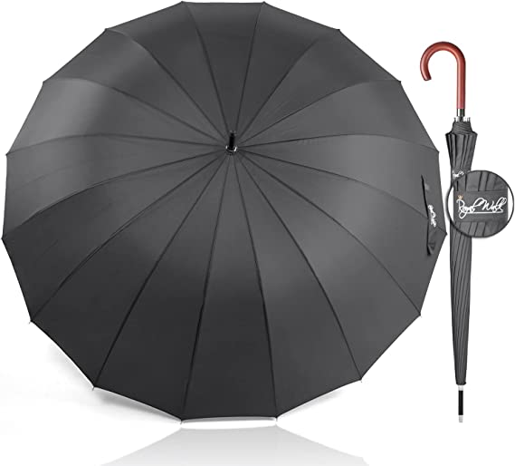 Royal Walk Windproof Large Umbrella for Rain 54 Inch Automatic Open for 2 Persons Wind Resistant Big Golf Umbrellas for Adult Men Women Classic Wooden Handle Fast Drying Strong 16 Ribs Travel 120cm