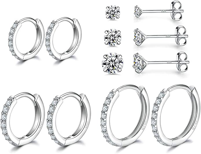 3 Pairs Sterling Silver Small Hoop Earrings Tiny Cartilage Earring Cubic Zirconia Cuff Huggie Earrings Mini Hoops Earrings Piercing for Women Girls