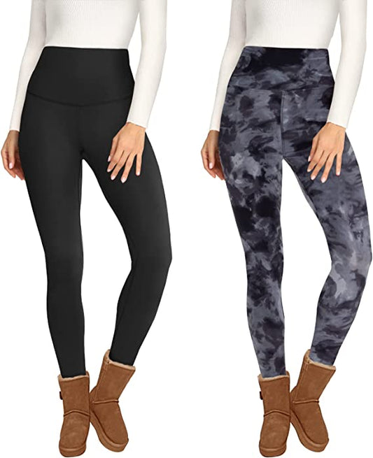 Opuntia 2 Pack Fleece Lined High Waisted Leggings for Women - Warm Winter Pants Tummy Control Yoga Hiking Running Tights