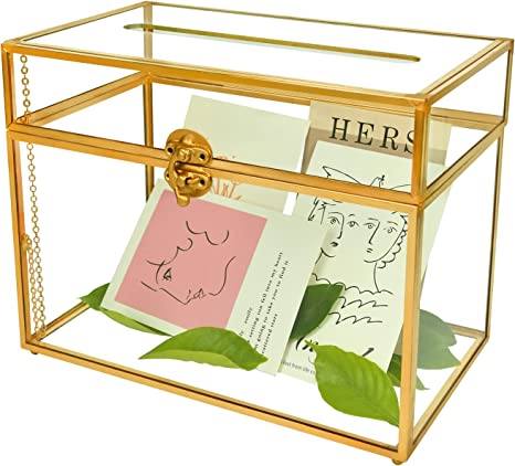 Gold Glass Card Box Wedding - Card Holder Wedding Box Gold Glass Wedding Envelope Box Rectangle Shape with Slot and Foot Perfect for Wedding Reception, Party Ceremony Centerpiece