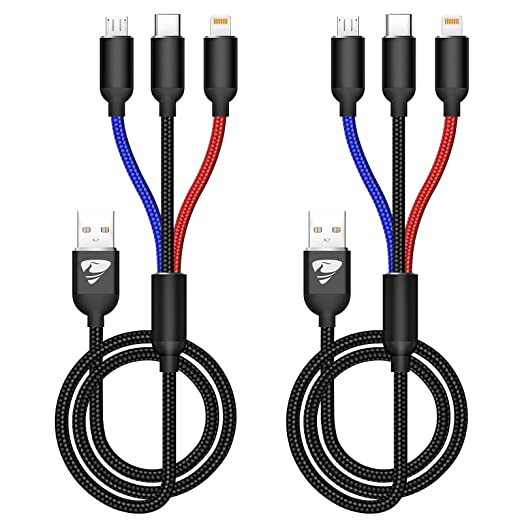 Multi Charging Cable, Multi Charger Cable Nylon Braided 3 in 1 Charging Cable Multi USB Cable Fast Charging Cord with Type-C, Micro USB and IP Port, Compatible with Most Phones & iPads (2 Pack 4FT)