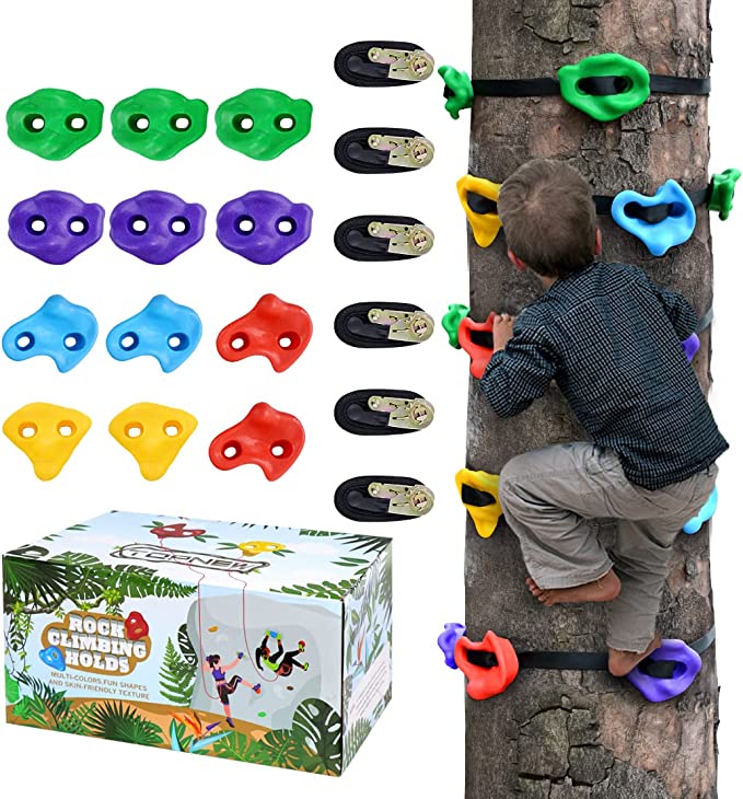 TOPNEW 12 Ninja Tree Climbing Holds for Kids Climber, Adult Climbing Rocks with 6 Ratchet Straps for Outdoor Ninja Warrior Obstacle Course Training