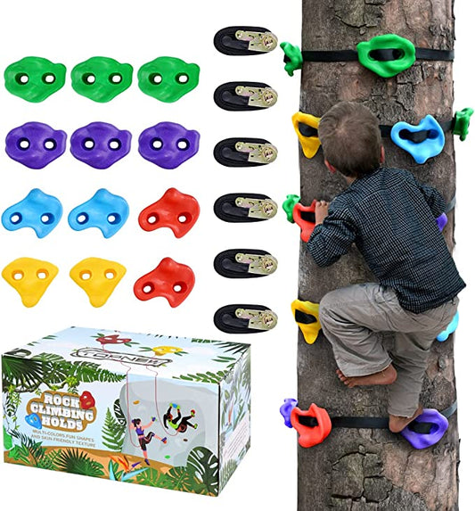 TOPNEW 12 Ninja Tree Climbing Holds for Kids Climber, Adult Climbing Rocks with 6 Ratchet Straps for Outdoor Ninja Warrior Obstacle Course Training