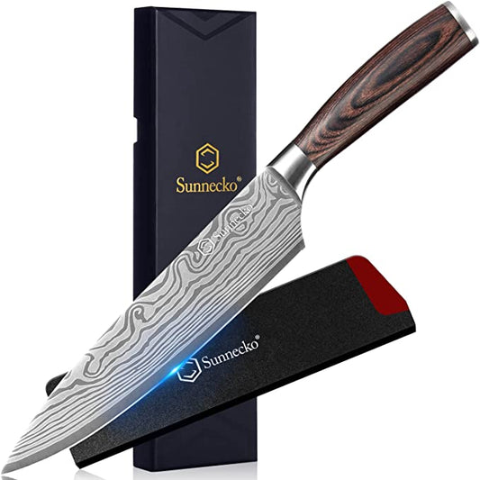 Sunnecko Chef Knife 8 inch, German High Carbon Stainless Steel Kitchen Knife, Professional Meat Cutting Knife with Sheath and Gift Box for Family & Restaurant