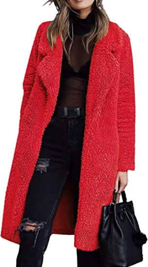 Angashion Women's Fuzzy Fleece Lapel Open Front Long Cardigan Coat Faux Fur Warm Winter Outwear Jackets