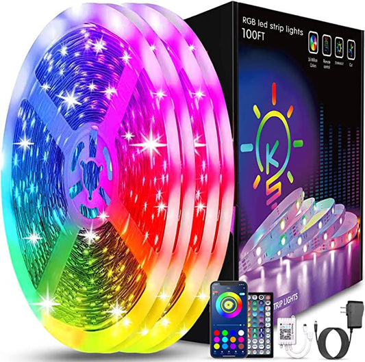 100ft Led Strip Lights (2 Rolls of 50ft) Bluetooth Smart App Music Sync Color Changing RGB Led Light Strip with Remote and Power Adapter,Led Lights for Bedroom Room Home Decor Party Festival