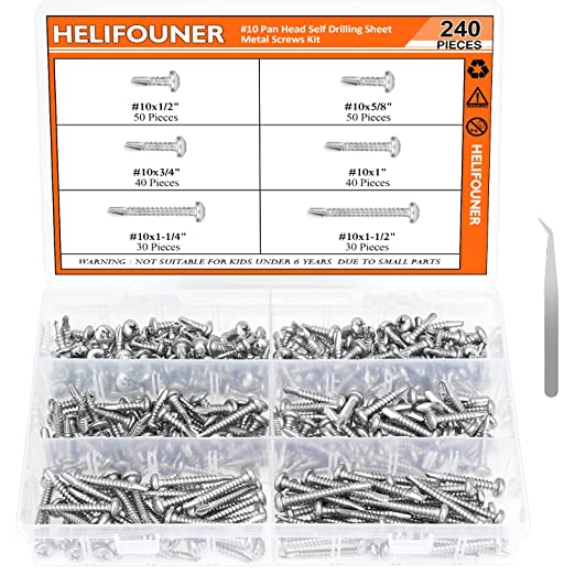 240 Pieces #10 x1/2", 5/8", 3/4", 1", 1-1/4", 1-1/2" Pan Head Self Drilling Screws Sheet Metal Screws Assortment Kit, 410 Stainless Steel