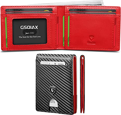 Mens Slim Wallet RFID Blocking Bifold wallets for men Minimalist Genuine Leather Carbon Fiber Card Holder Money Clip Thin Mens with Gift Box(Carbon Black and Red)