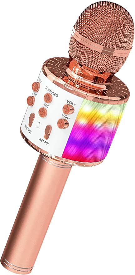 Karaoke Microphone for Kids, Wireless Bluetooth Karaoke Microphone with LED Lights, Portable Handheld Mic Speaker Machine, Great Gifts Toys for Girls Boys Adults All Age (Rose Gold)