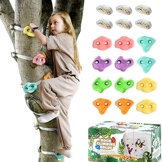 TOPNEW 12 Ninja Tree Climbing Holds for Kids Climber, Tree Climbing Kit with 6 Ratchet Straps for Outdoor Ninja Warrior Obstacle Course Training, Pastel Color